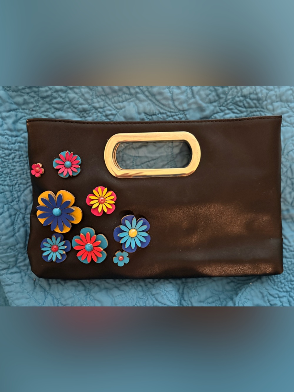 Women's Dark Brown Floral Accent Handbag with Gold Hardware